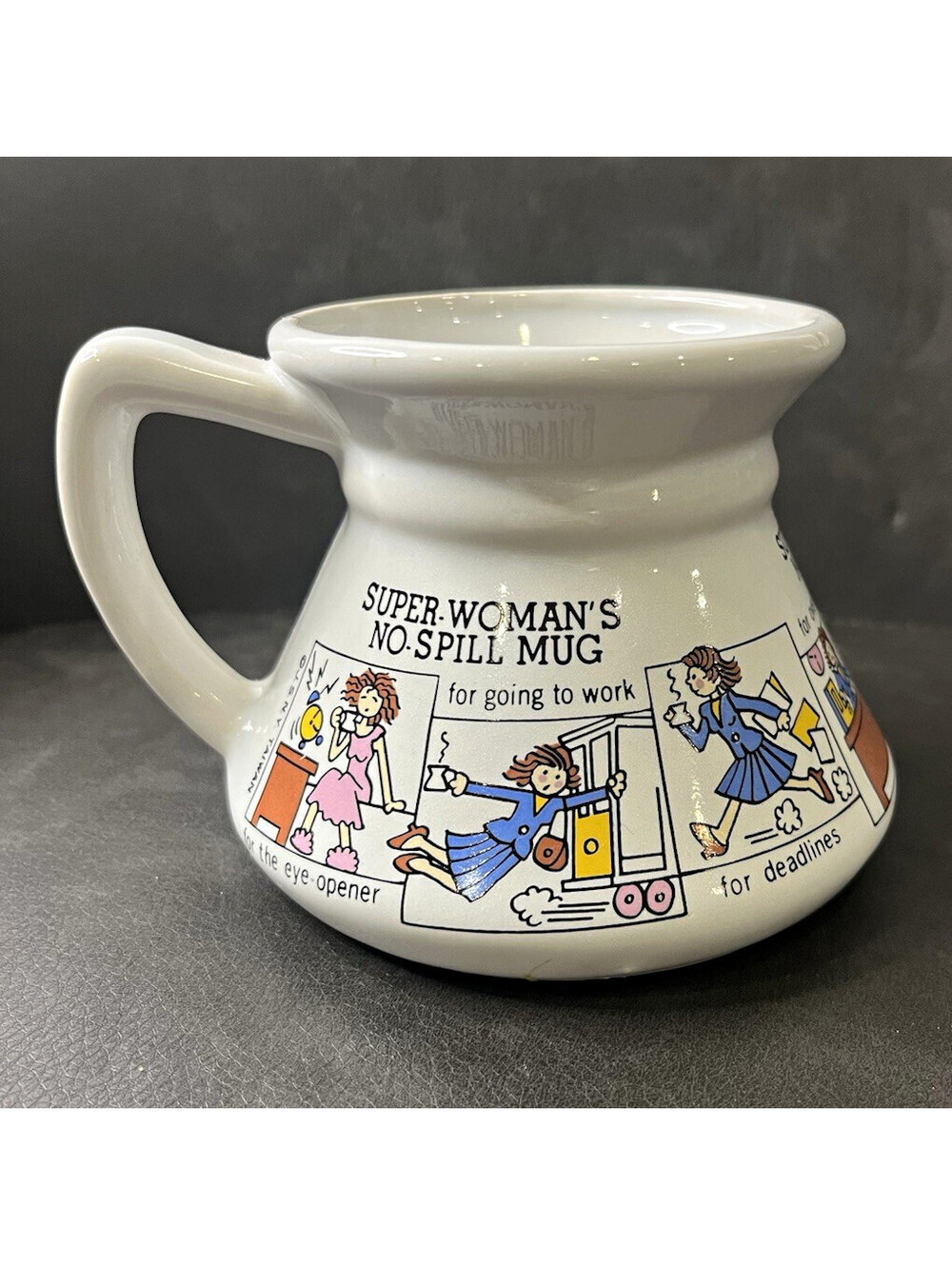 White Ceramic Coffee Mug 11 fl oz Super-Woman "No-Spill" Novelty Decorated